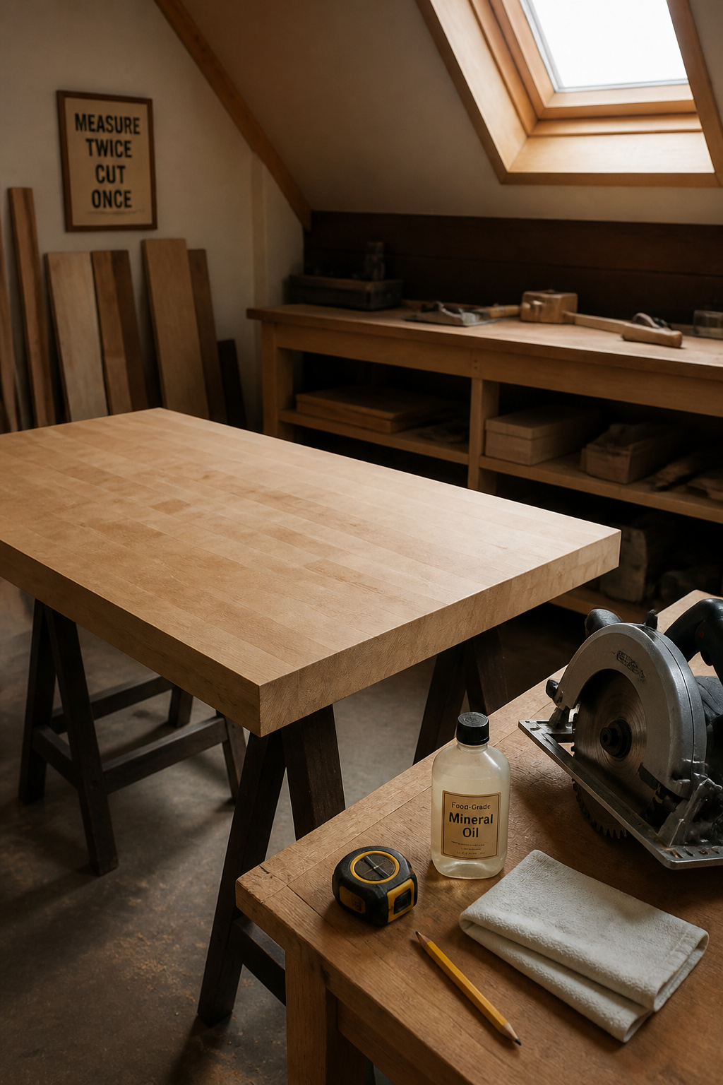 Unfinished maple butcher block slab on sawhorses with circular saw and mineral oil for DIY installation
