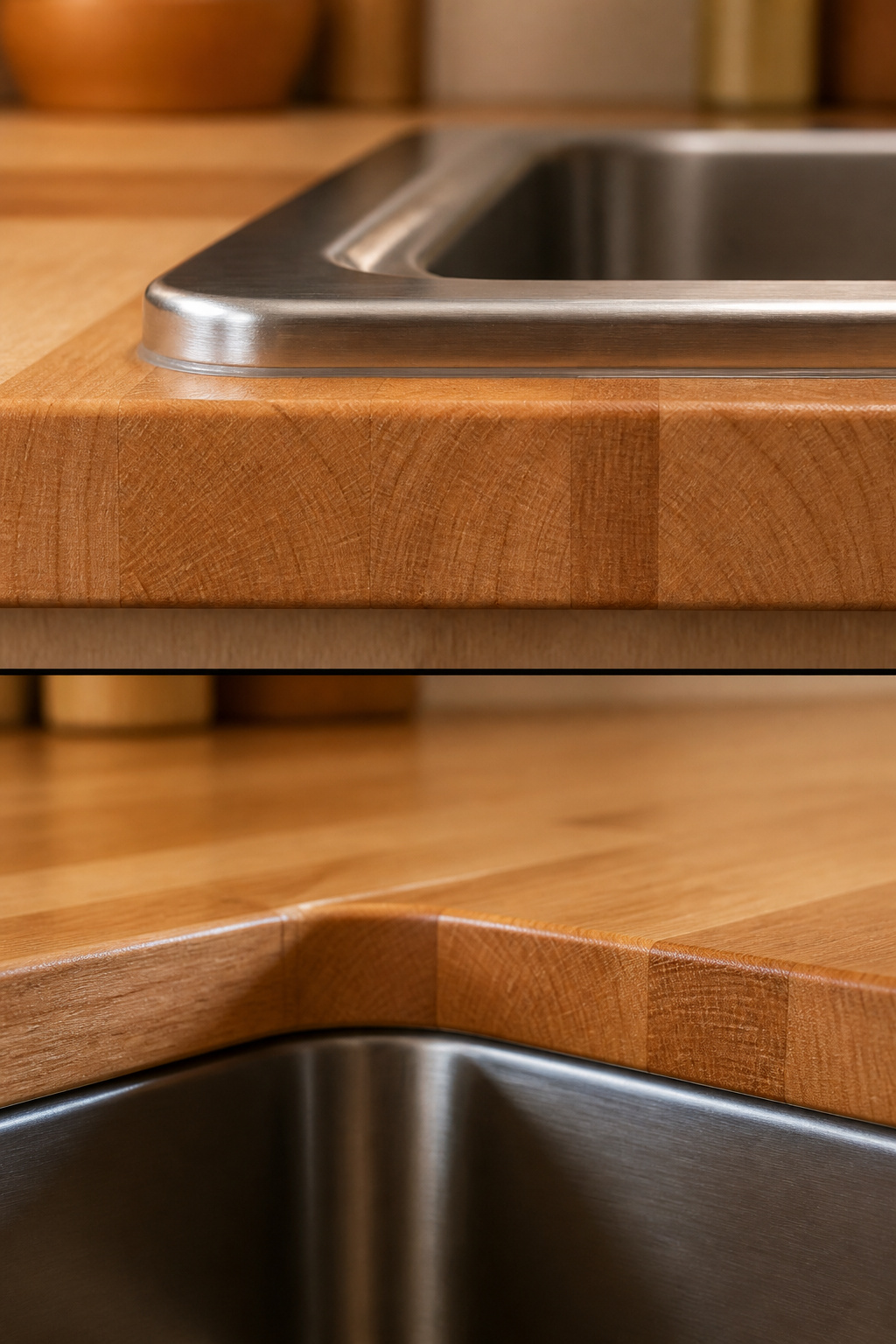 Side-by-side cross-section comparison of drop-in and undermount sink installation on butcher block countertop