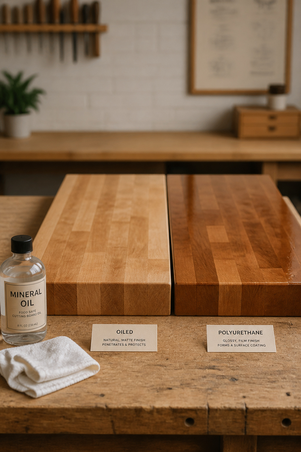 Two butcher block surface samples showing the difference between a matte mineral oil finish and a glossy polyurethane film finish