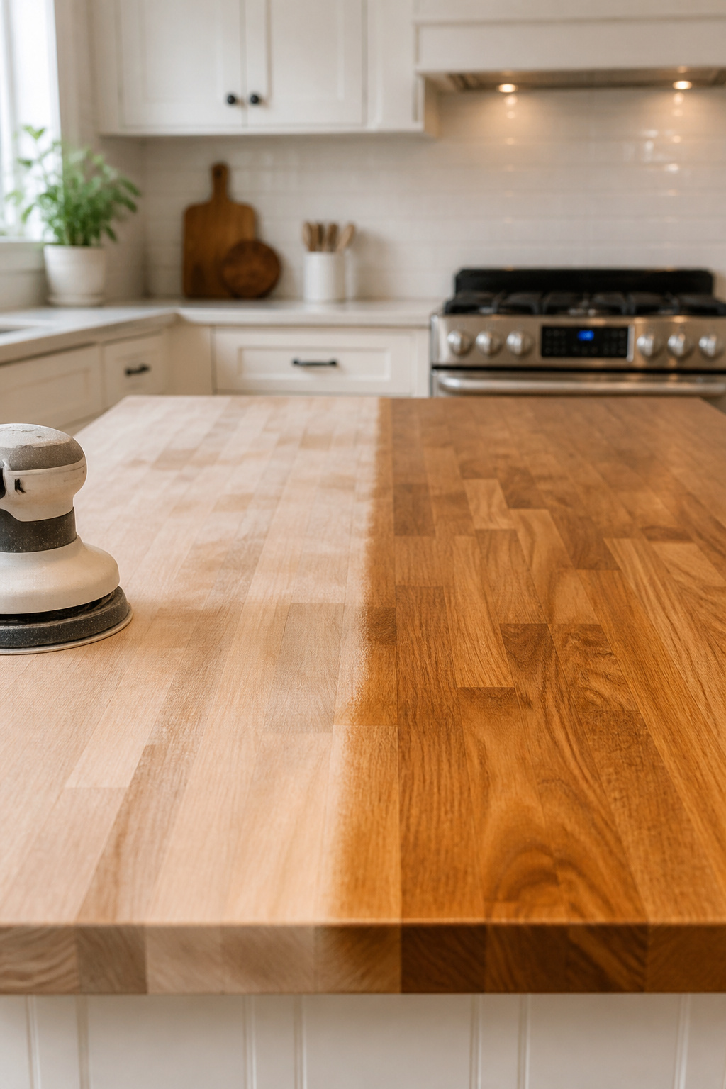 Butcher block countertop being refinished showing the contrast between freshly sanded pale wood and the warm oil-finished section