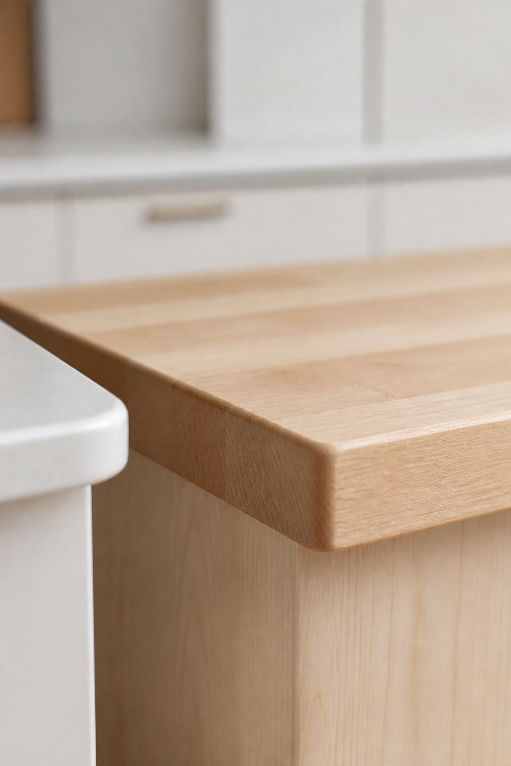 Close detail of an eased edge maple butcher block island profile matching the eased edge of a white quartz perimeter countertop