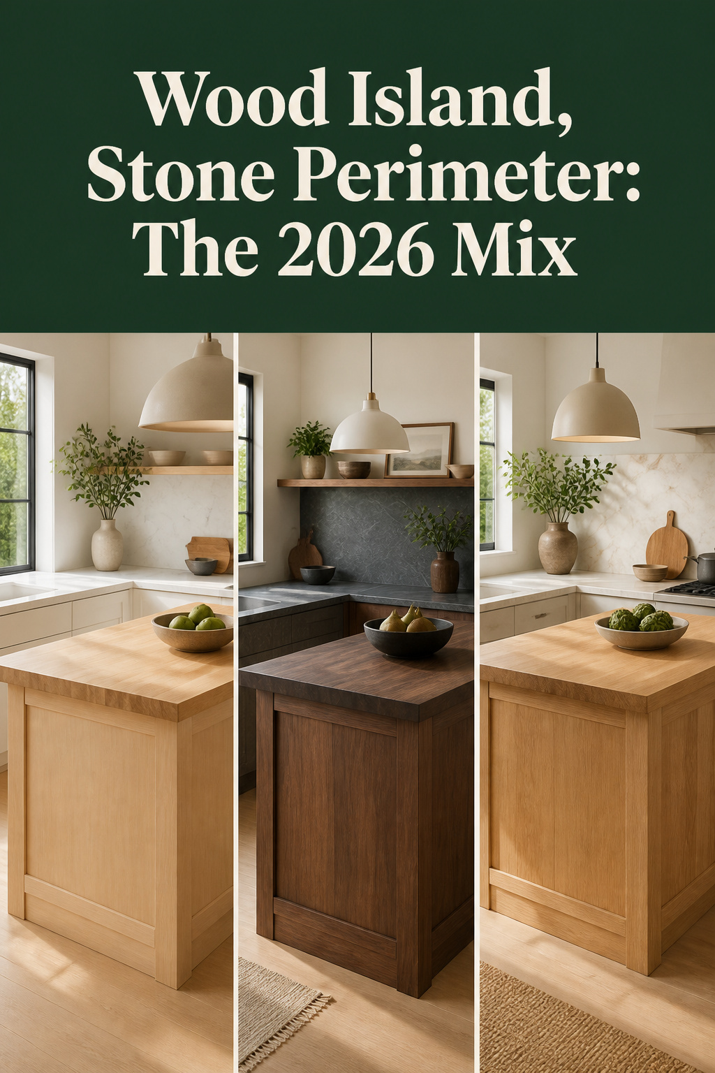 Three-panel Pinterest pin showing butcher block island and stone perimeter countertop kitchen combinations