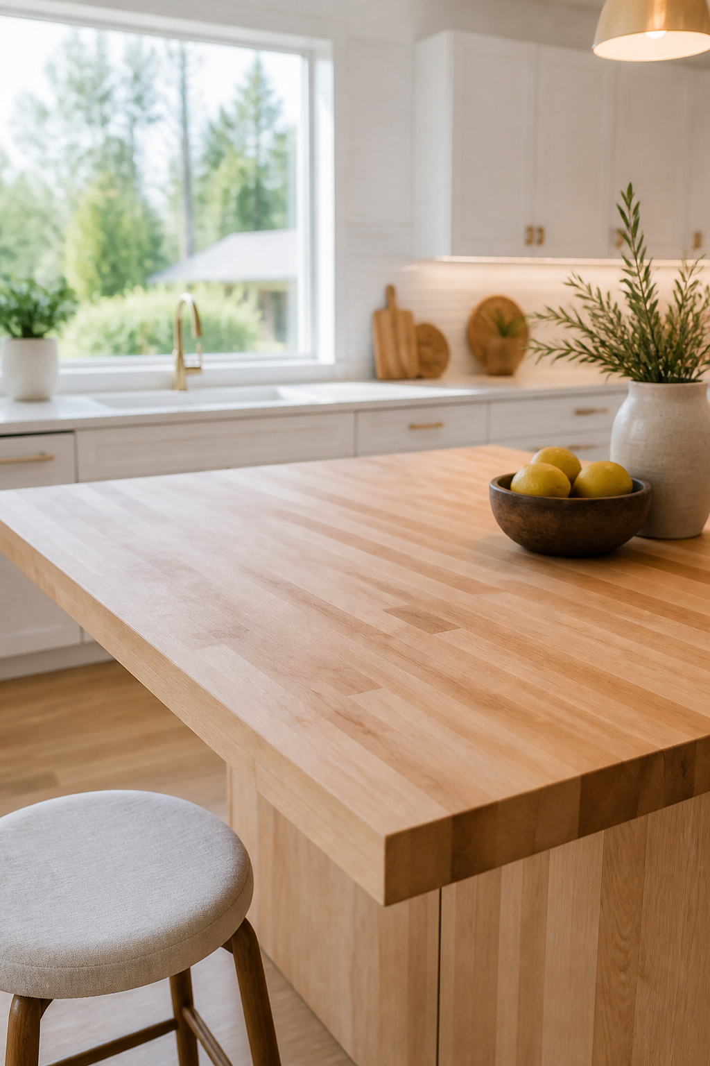 Warm maple butcher block kitchen island with white quartz perimeter countertops in a Scandinavian-style kitchen