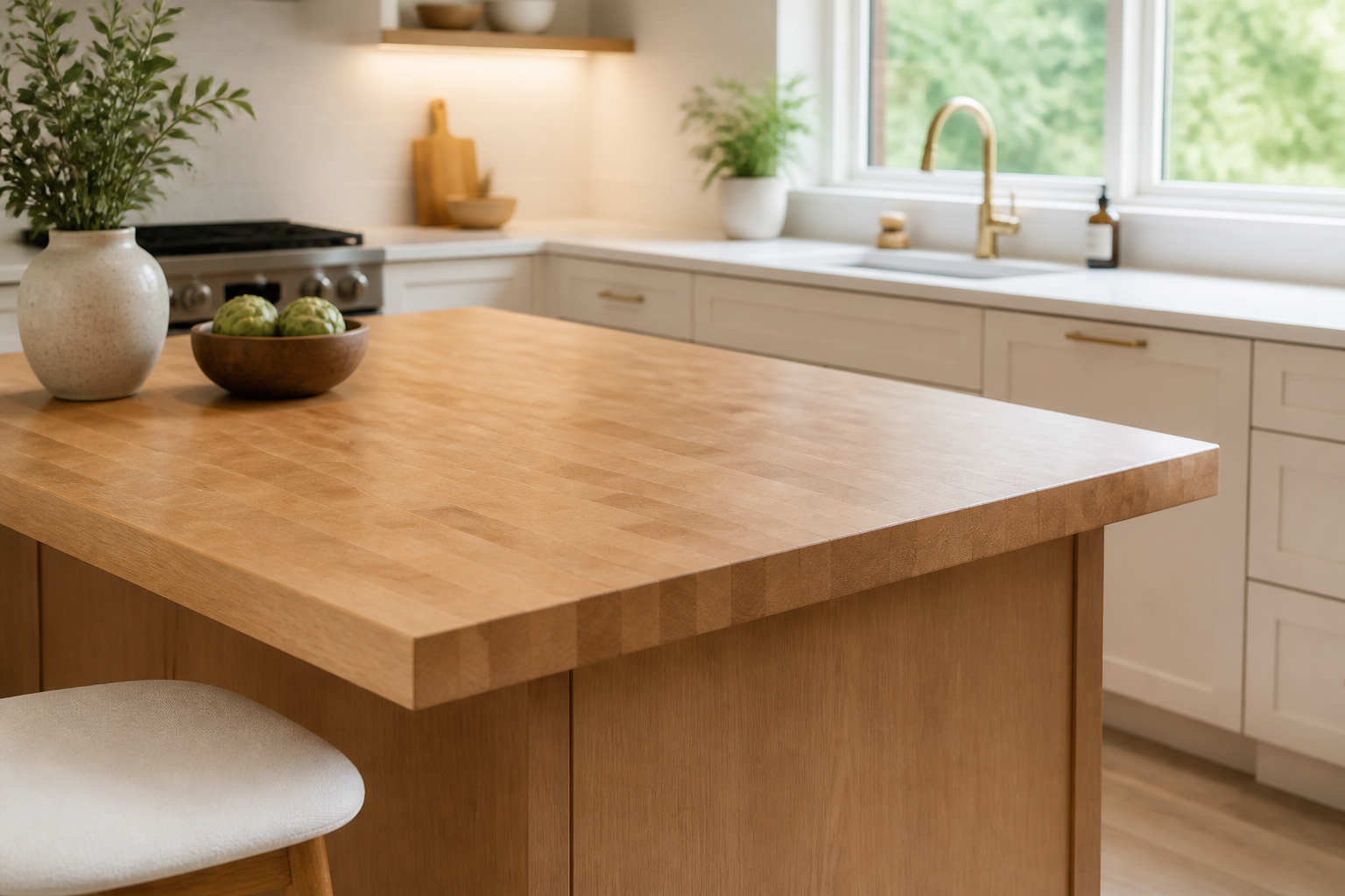 Warm maple butcher block kitchen island with white quartz perimeter countertops in a Scandinavian-style kitchen