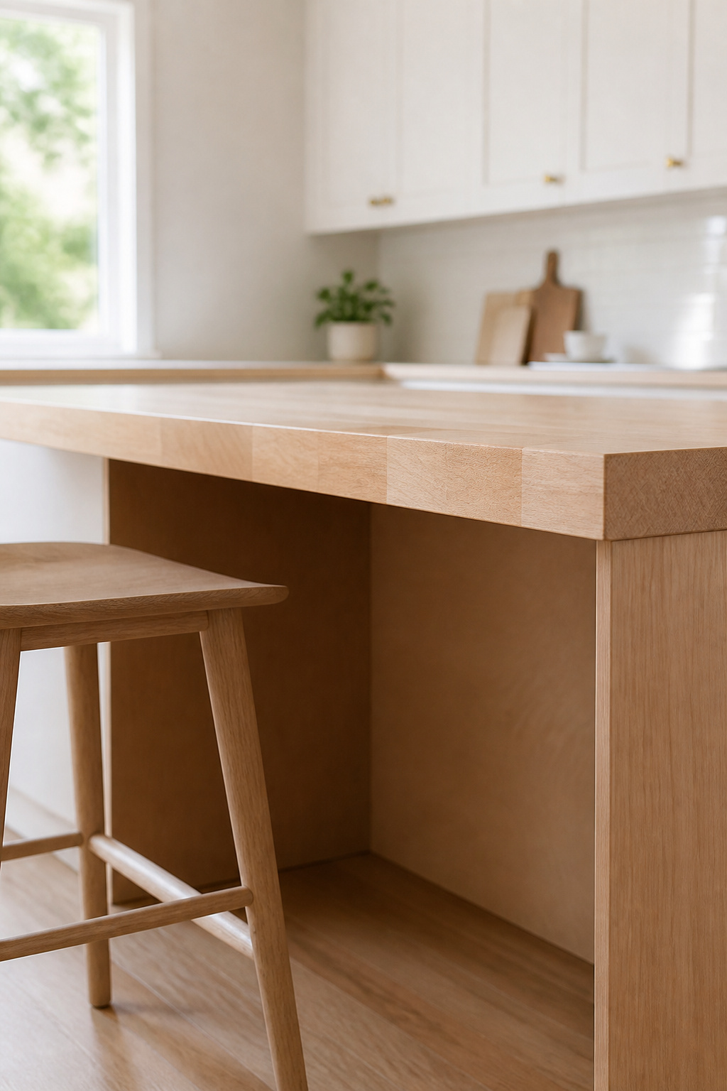 Maple butcher block kitchen island counter height showing 15-inch seating overhang knee clearance