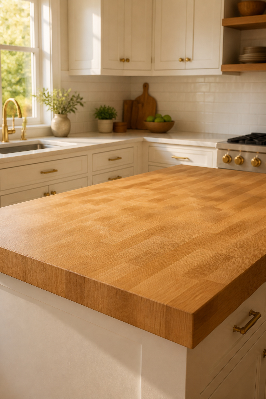 Maple butcher block island top against white Shaker cabinets and white quartz perimeter countertops, brass hardware