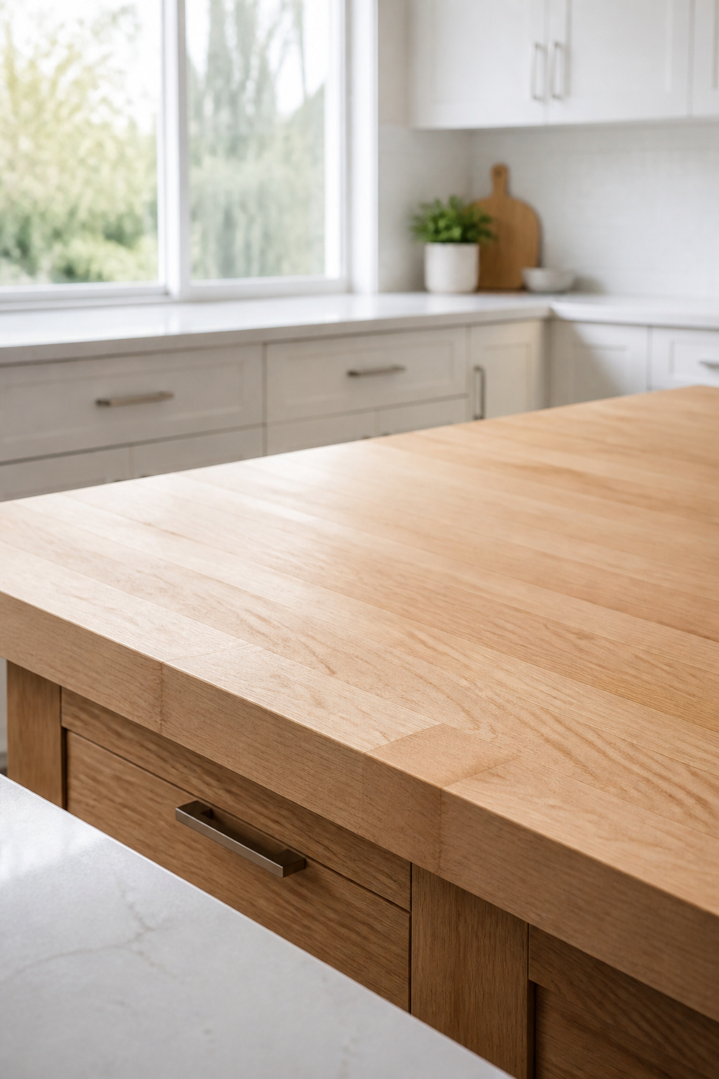 Maple butcher block kitchen island with white quartz perimeter countertops illustrating the two-zone material split