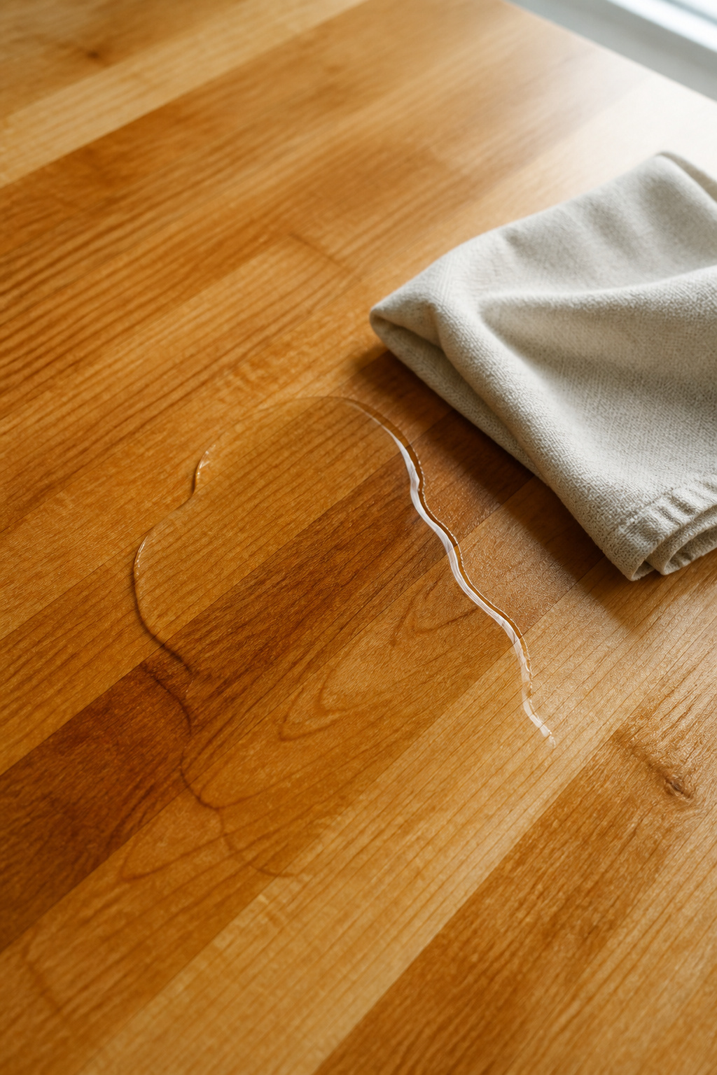 Food-grade mineral oil pooled on maple butcher block countertop surface during break-in oiling, lint-free cloth beside it