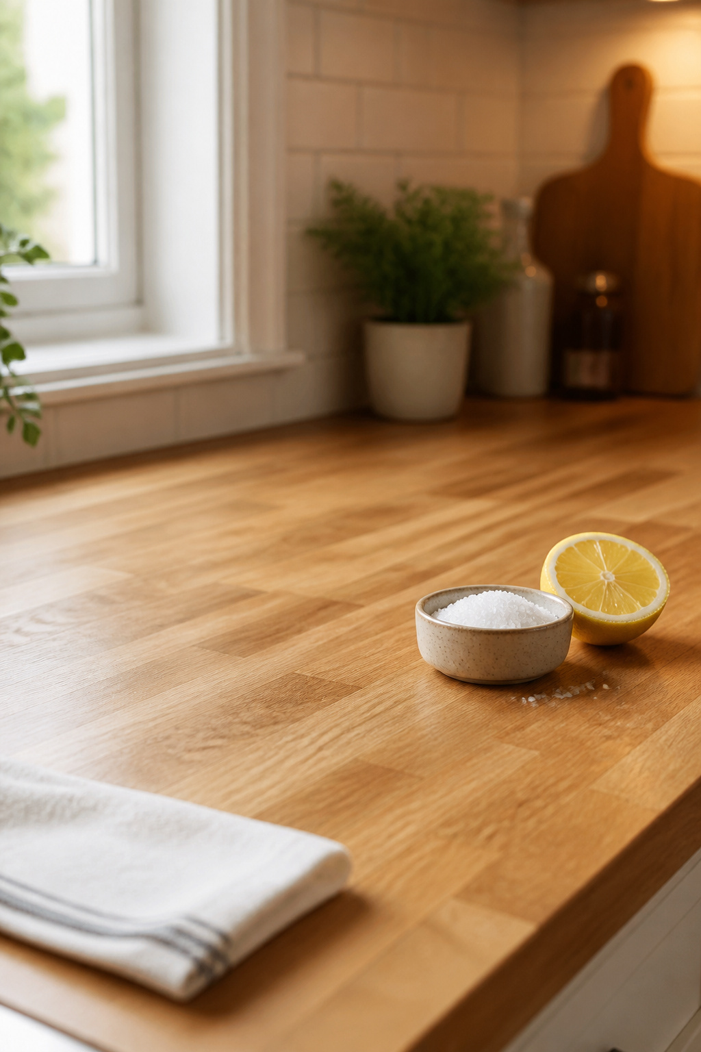 A well-oiled butcher block countertop with coarse salt and a halved lemon for natural stain cleaning