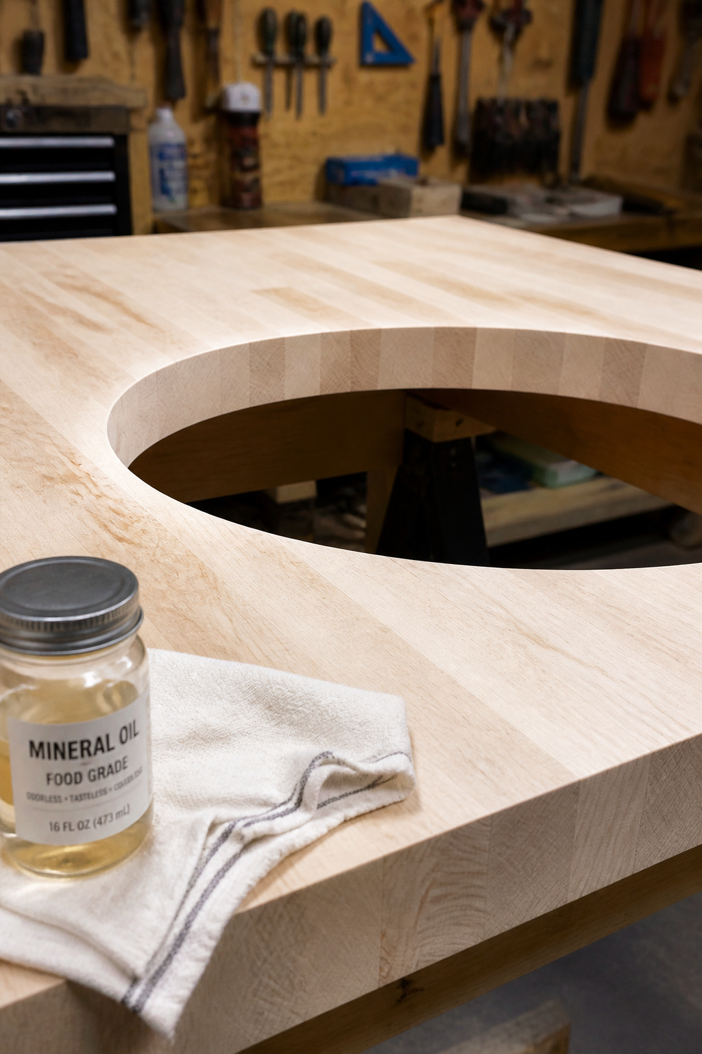Freshly cut sink opening in a maple butcher block countertop on sawhorses, with mineral oil jar ready for sealing the end grain