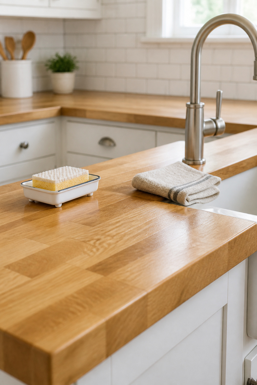 Clean dry butcher block countertop at kitchen sink with a towel on the rim and sponge raised off the wood in a small dish