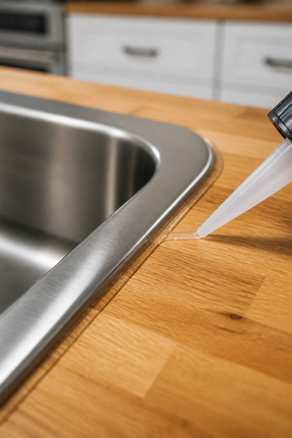 Clear kitchen-grade silicone sealant applied at the seam between a drop-in sink rim and butcher block countertop