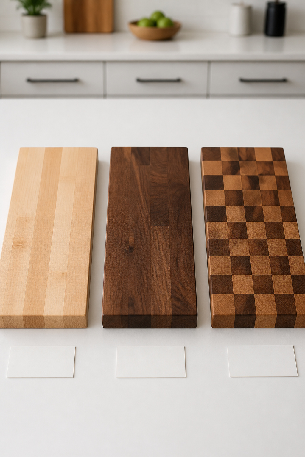 Three butcher block countertop samples side by side — maple edge grain, walnut edge grain, and oak end grain