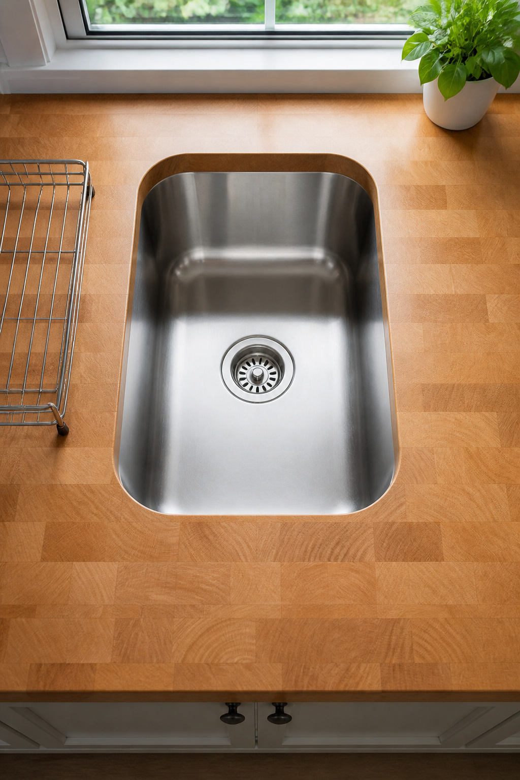 Undermount stainless sink in maple butcher block countertop with clean sealed perimeter, overhead view