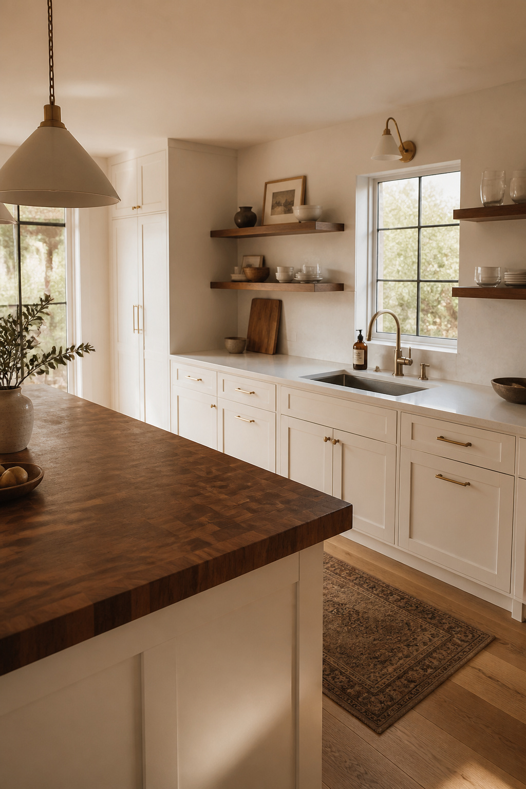 Complete kitchen showing white quartz perimeter countertops and walnut end-grain island top in visual conversation