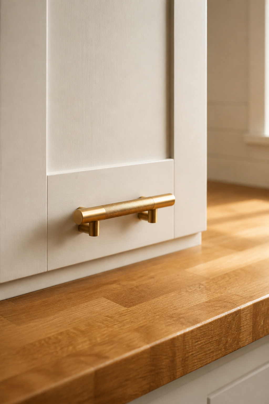 Unlacquered brass bar pull on white shaker cabinet with warm maple butcher block countertop below