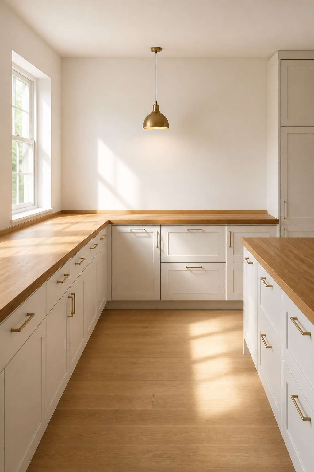 Warm honey maple butcher block countertop against soft white shaker cabinets with brass hardware in a Scandinavian-style kitchen