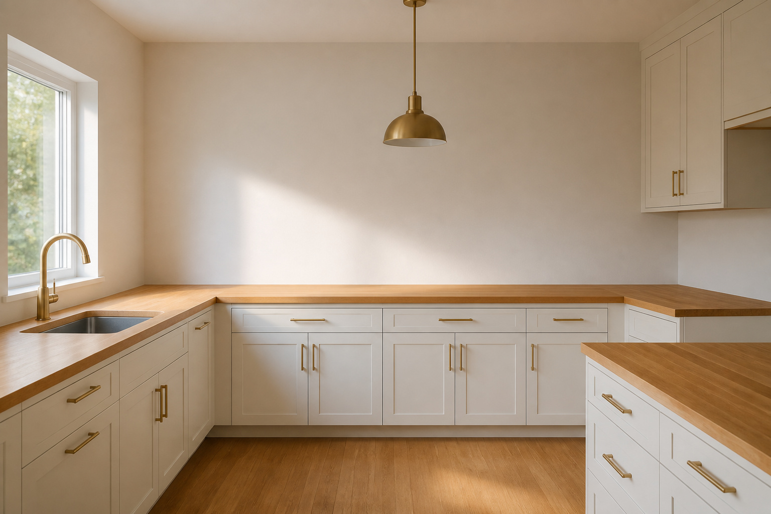 Warm honey maple butcher block countertop against soft white shaker cabinets with brass hardware in a Scandinavian-style kitchen