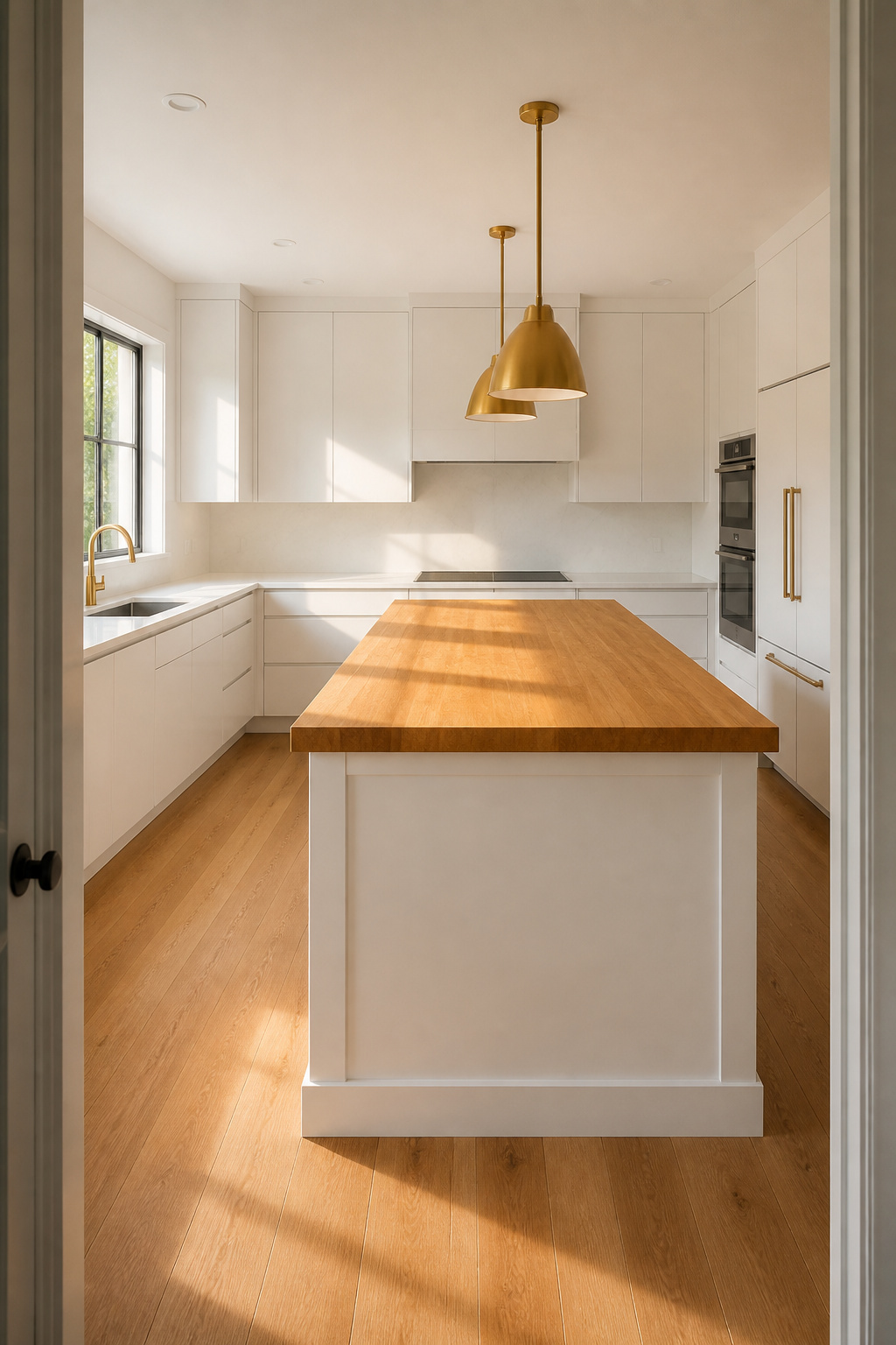 White kitchen with butcher block island as the warm centrepiece against white quartz perimeter countertops