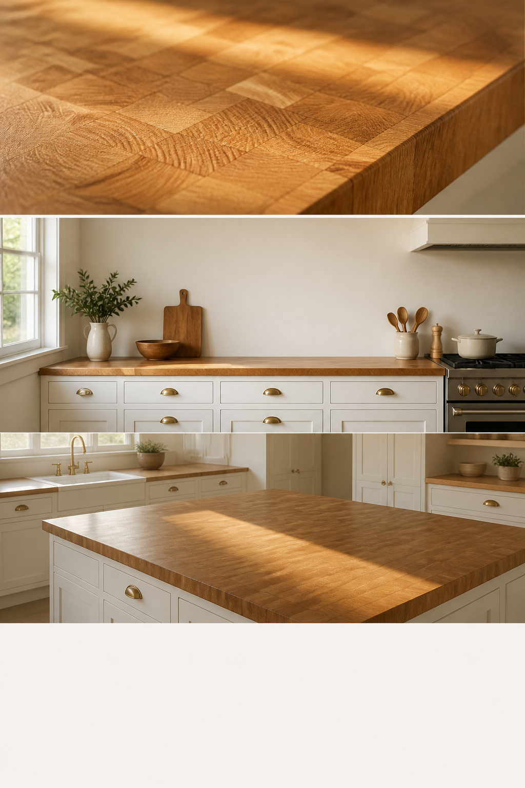 Pinterest collage showing butcher block countertop grain detail, brass hardware on white cabinets, and a wood island in a white kitchen