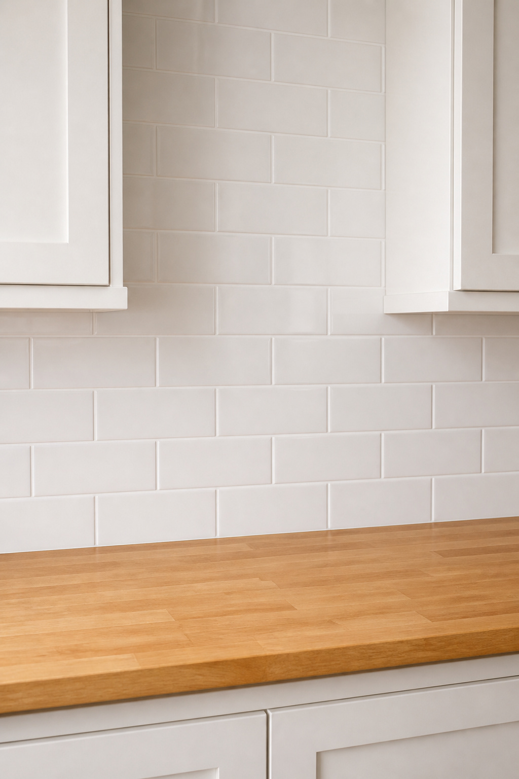 Classic white subway tile backsplash above warm maple butcher block countertop with white shaker cabinets on either side