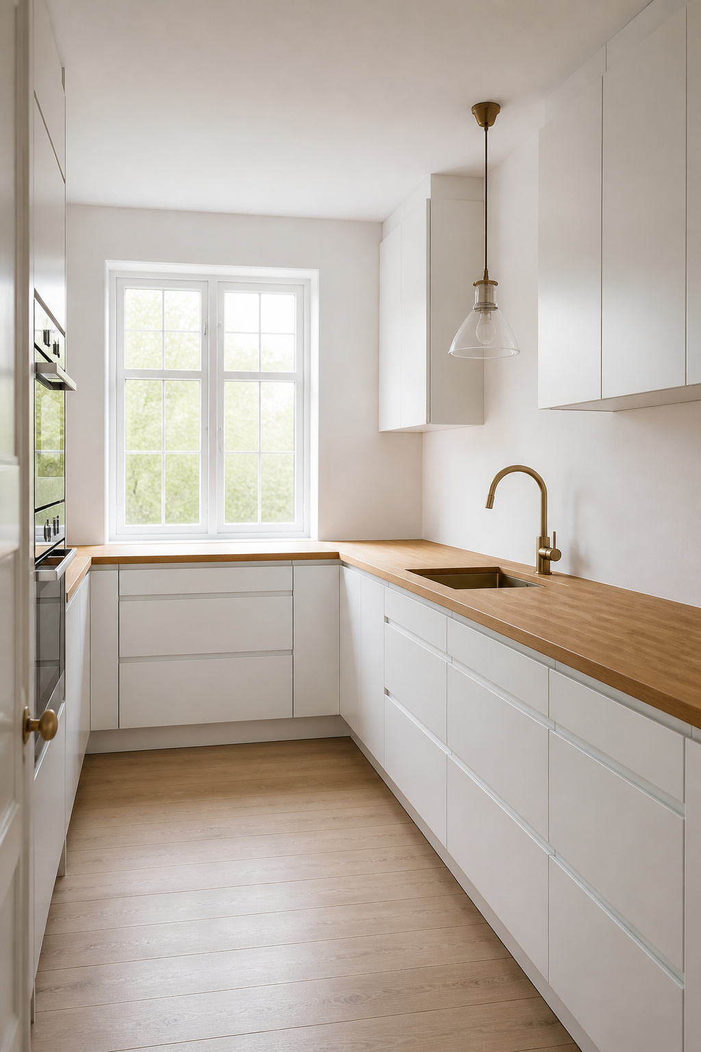 Calm Scandinavian white kitchen with maple butcher block countertop, brass tap, and no clutter — a timeless warm-white design
