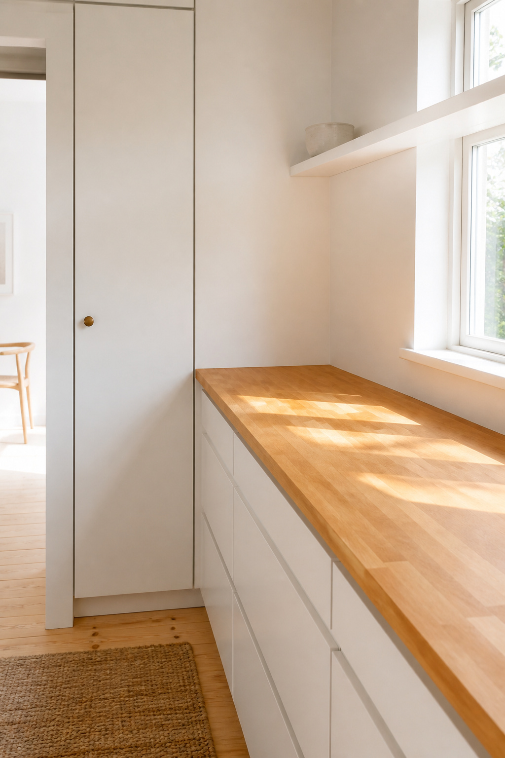 White shaker kitchen cabinet next to warm honey maple butcher block countertop showing the temperature contrast that makes the pairing work