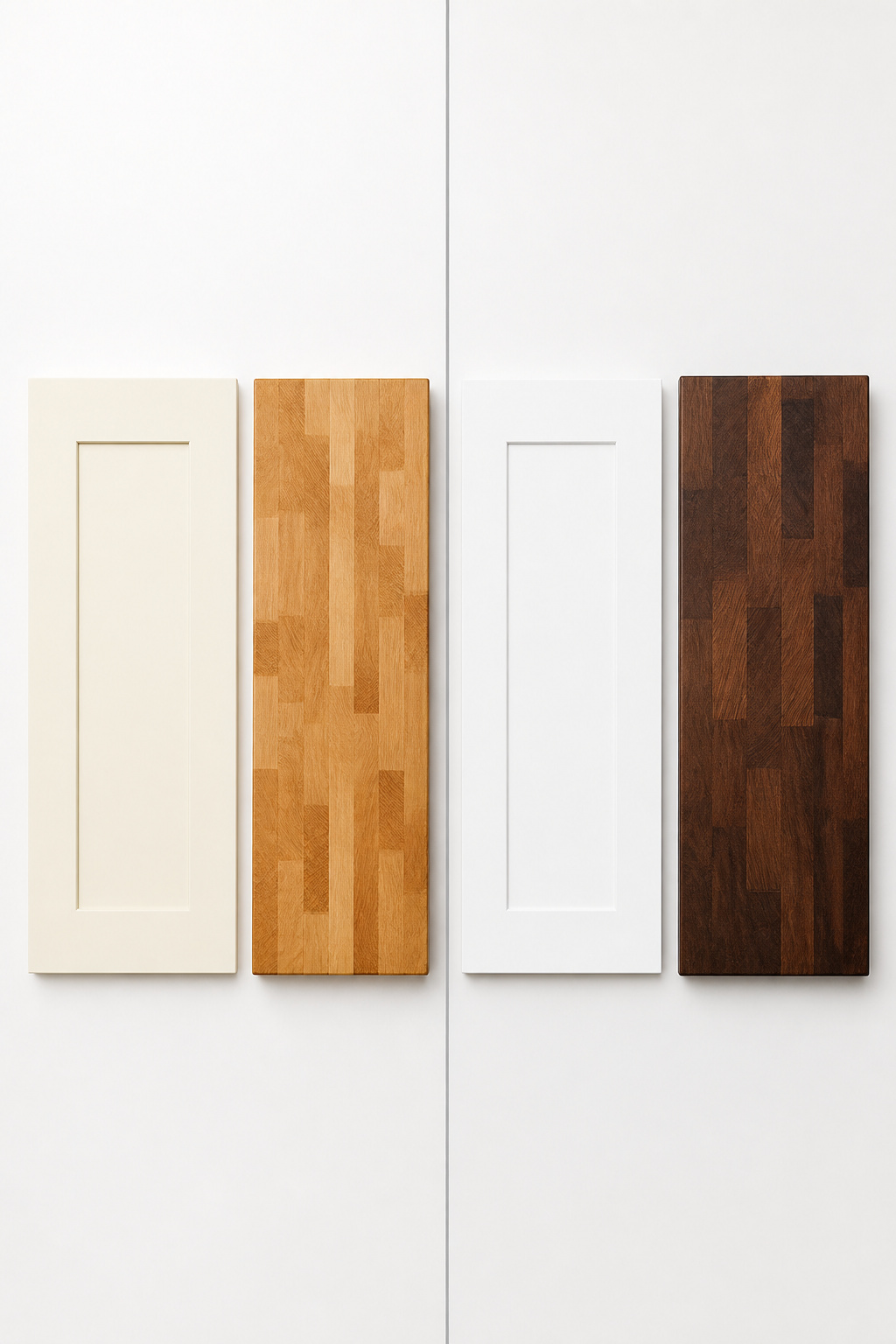 Comparison of warm cream cabinet with honey maple versus crisp white cabinet with walnut butcher block showing correct tone-matching principle