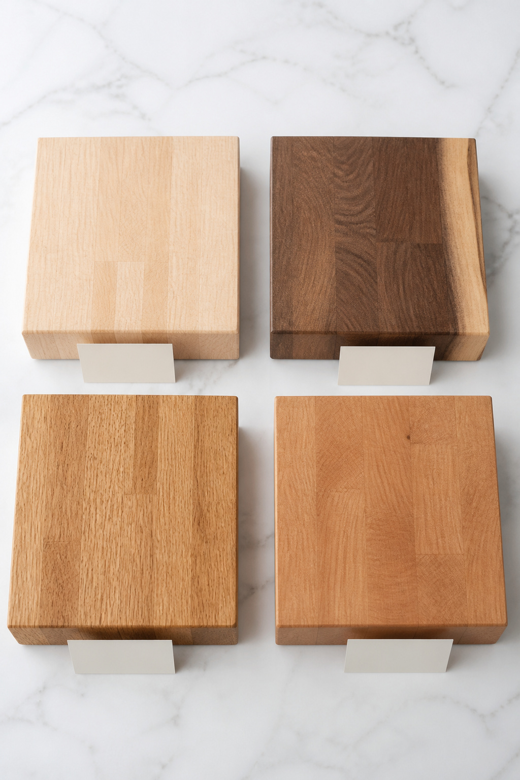 Four butcher block wood species samples: hard maple, black walnut, red oak, and cherry side by side