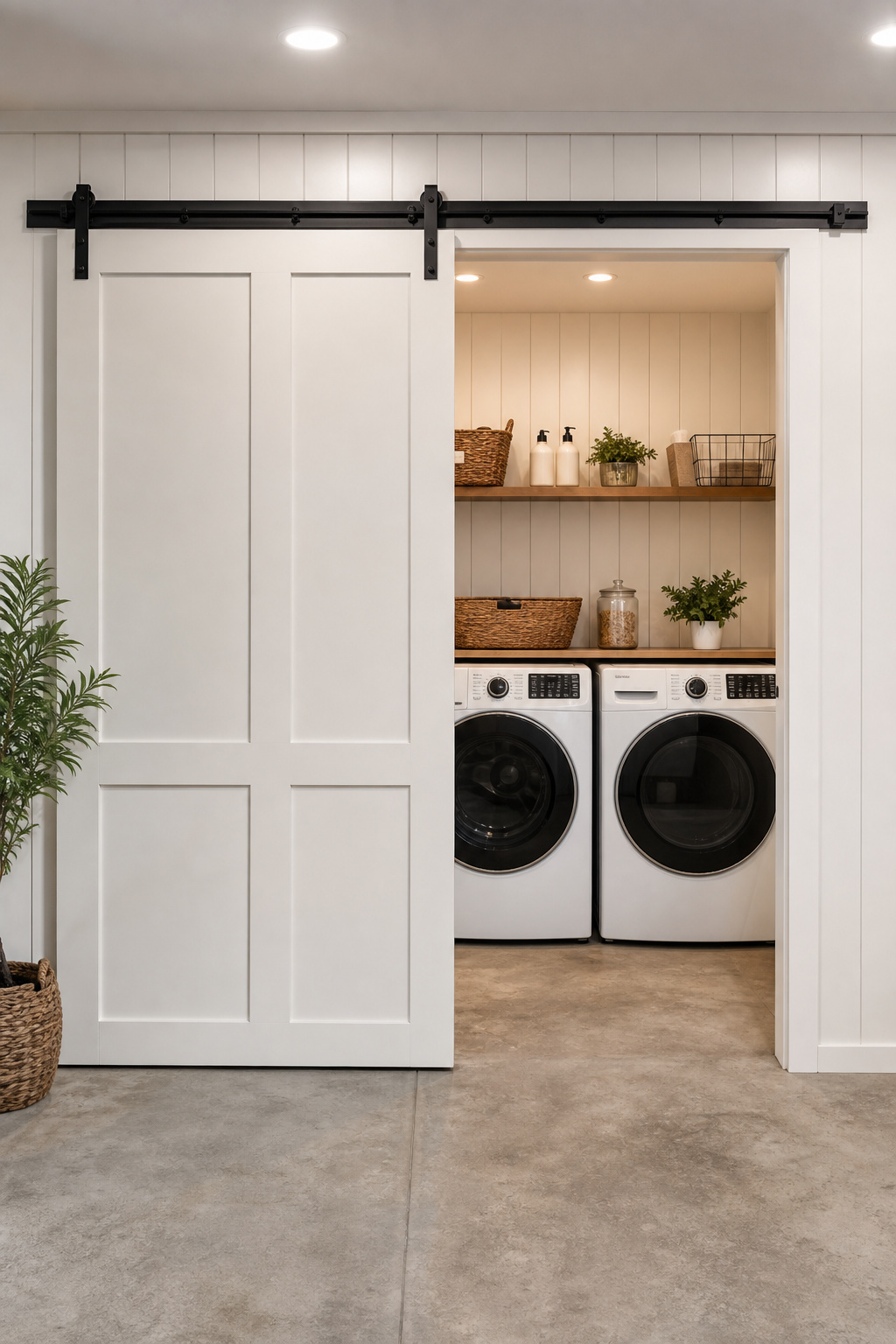Double-track bypass barn door hardware kit installed on a laundry room wall with two white doors stacked to one side revealing the washer and dryer