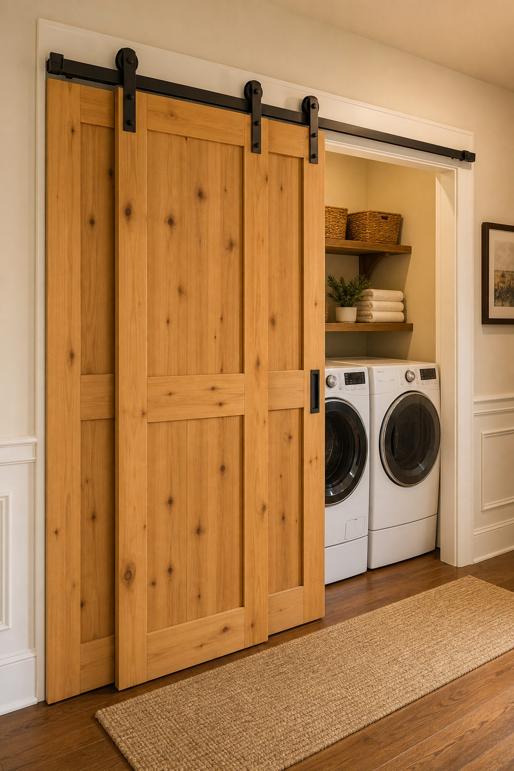 Double-track bypass barn door on a wide laundry closet opening, one honey pine shaker panel slid behind the other to reveal a side-by-side washer and dryer