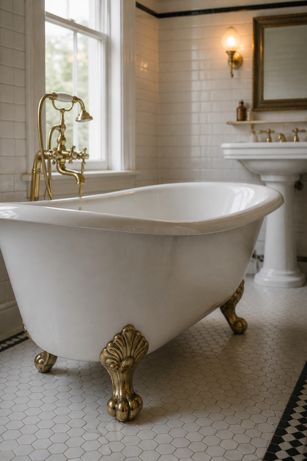 White cast iron clawfoot bathtub with polished brass claw-and-ball feet on hexagonal tile floor in a Victorian bathroom
