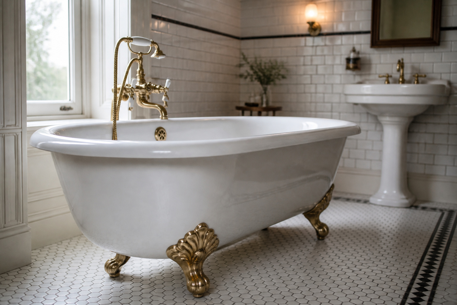 White cast iron clawfoot bathtub with polished brass claw-and-ball feet on hexagonal tile floor in a Victorian bathroom