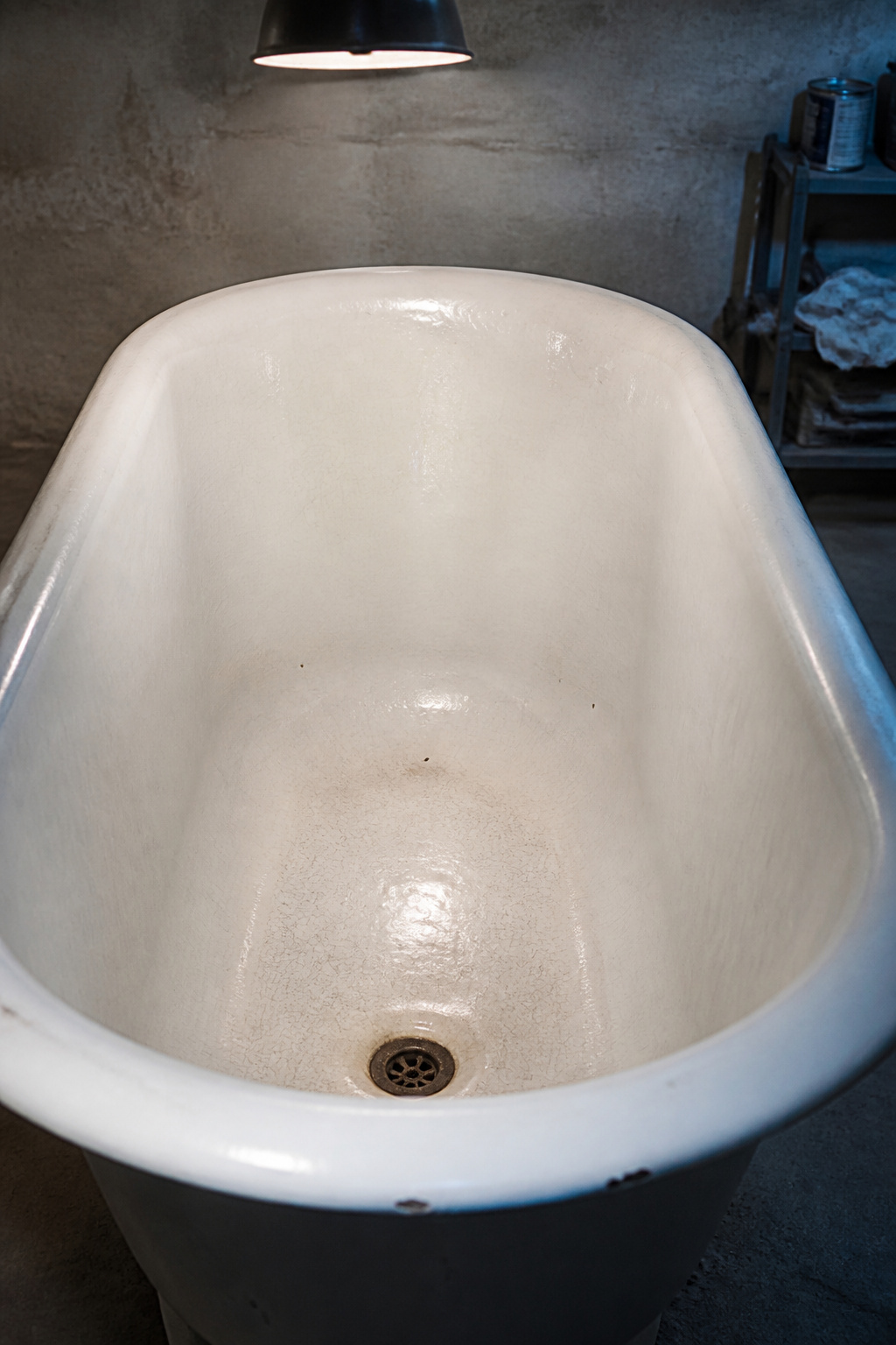Interior view of a vintage cast iron clawfoot bathtub showing white porcelain enamel surface and rolled rim under inspection lighting