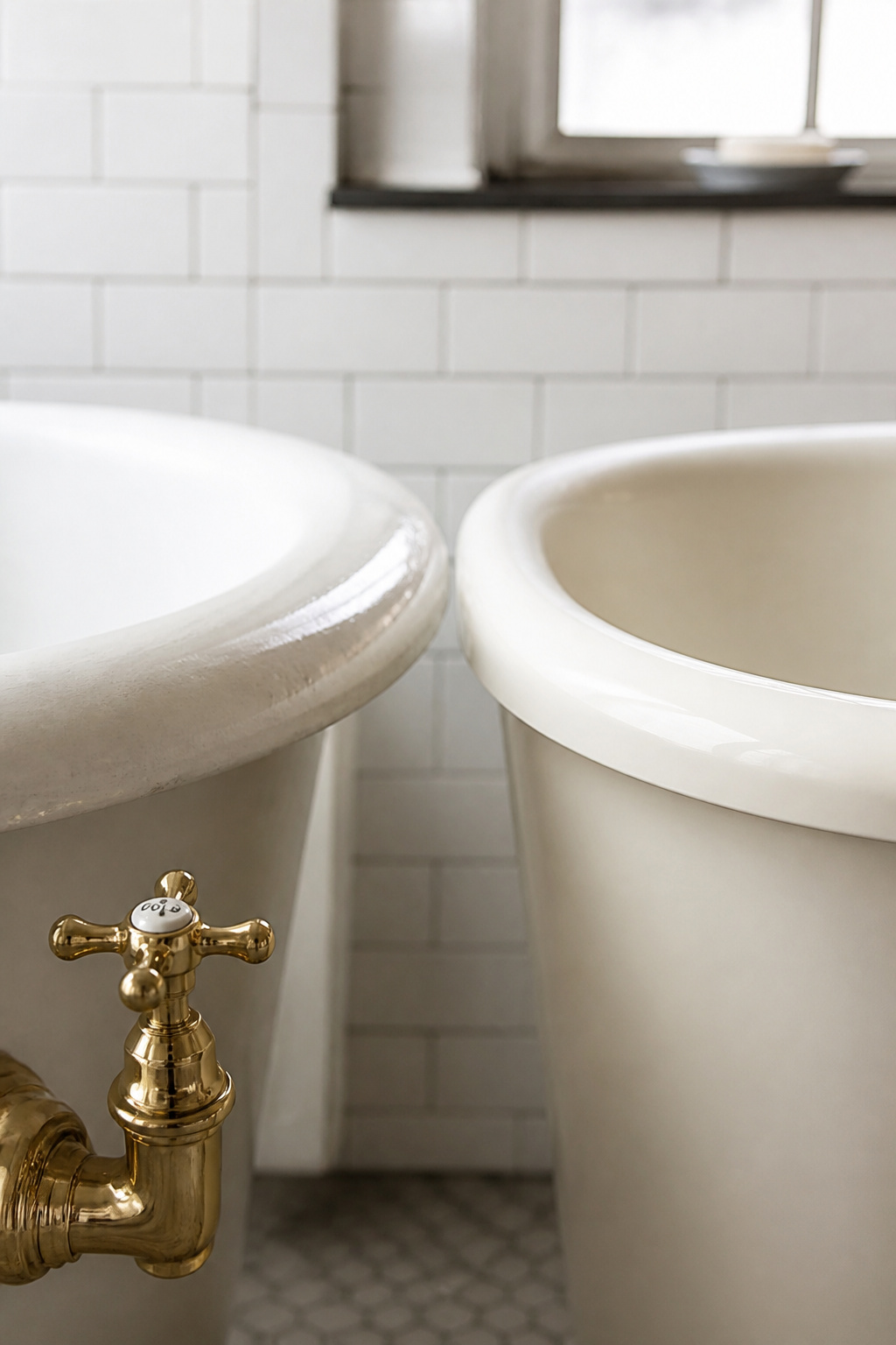 Side-by-side detail of cast iron and acrylic clawfoot tub rims showing the difference in material weight and surface character