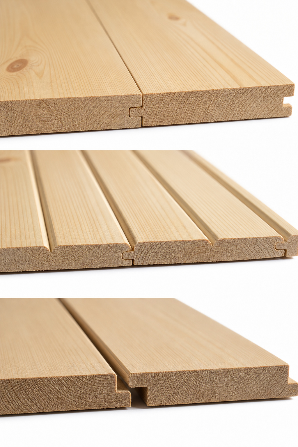 Close-up cross-sections of tongue-and-groove, beadboard, and shiplap ceiling board profiles side by side