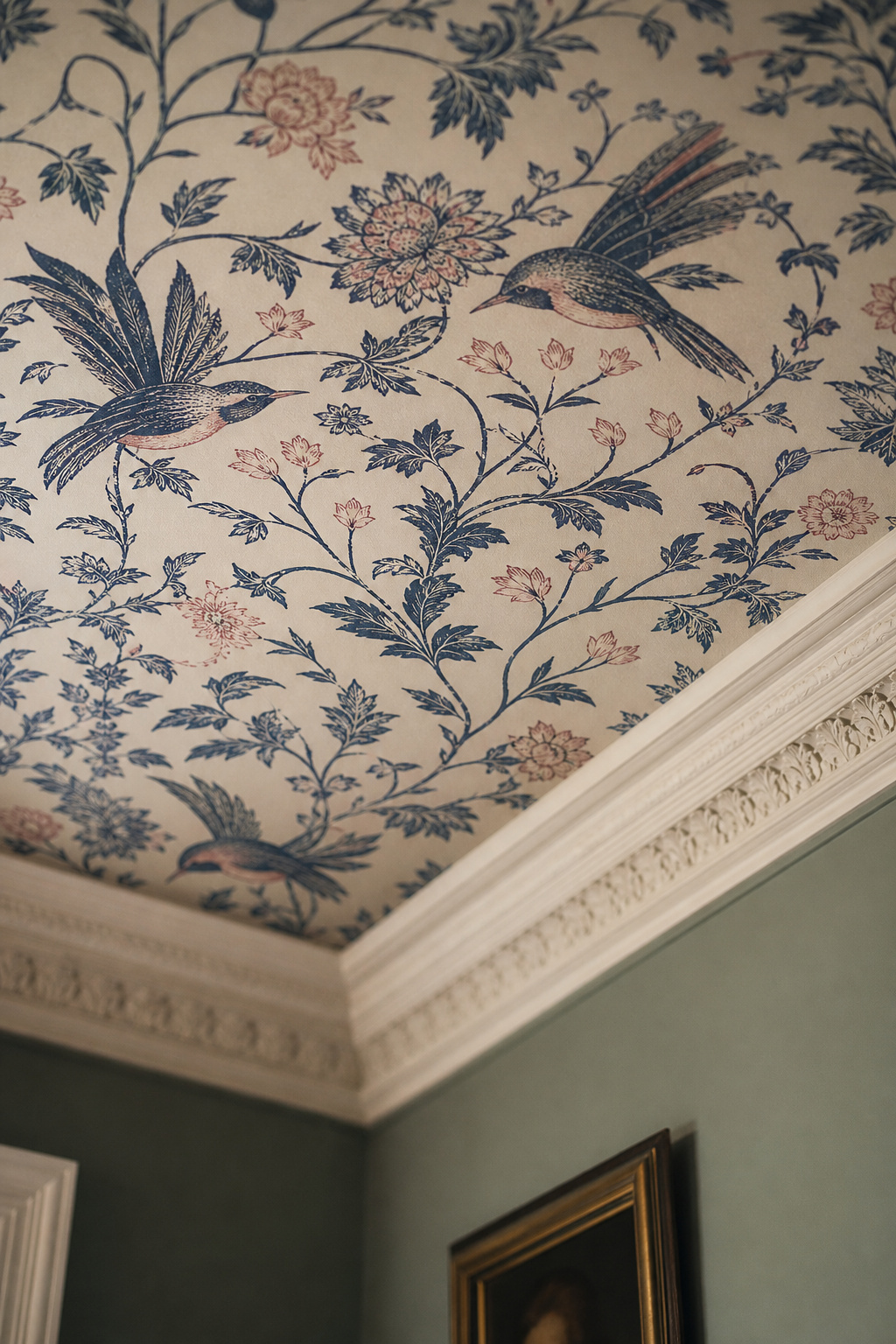 Ceiling detail showing Cole & Son Hummingbirds botanical wallpaper in midnight blue and blush pink on cream in a Georgian dining room with white cornice moulding