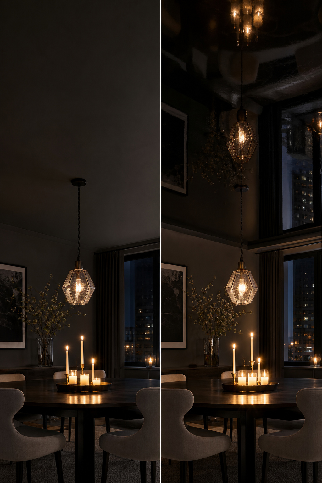 Side-by-side comparison of matte dark ceiling and high-gloss ceiling showing different light reflection effects
