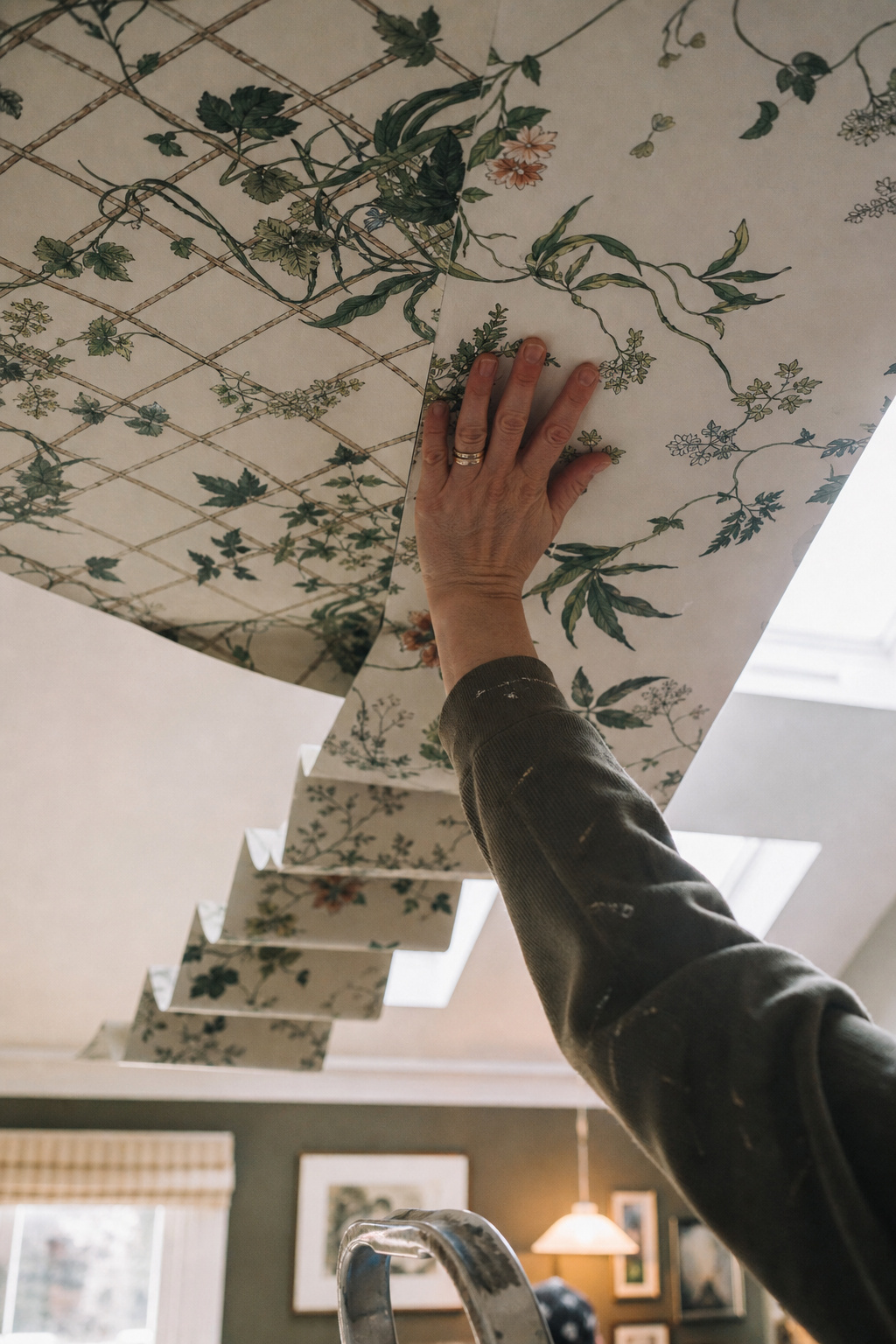 Hands pressing a concertina-folded botanical wallpaper strip against a dining room ceiling, showing the hanging technique mid-process