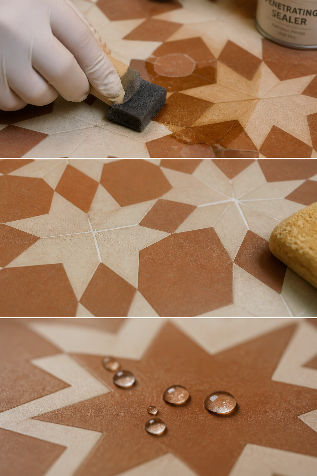 Three-stage cement tile sealing process: applying penetrating sealer, post-grouting clean surface, and water-bead test confirming effective seal