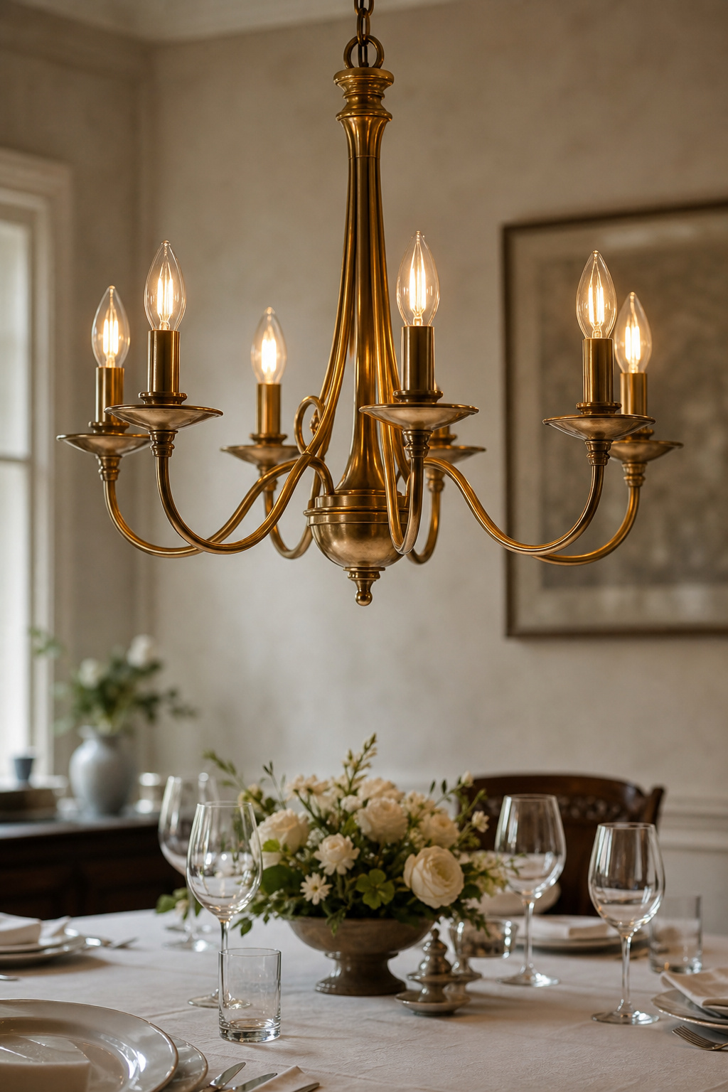 Brass chandelier hanging at the correct 30-36 inch height above a formally set dining table