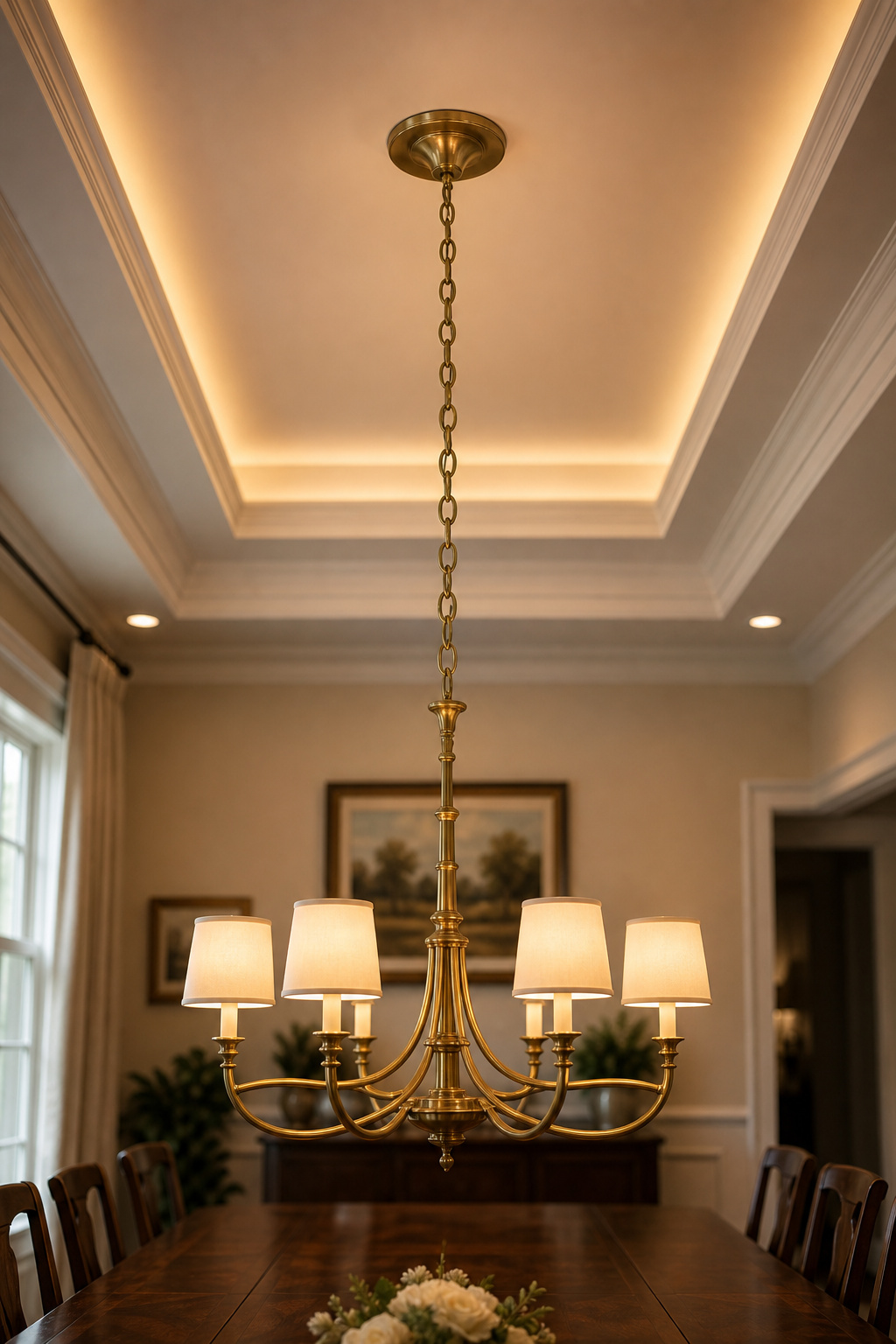 Brass chandelier canopy mounted to raised tray ceiling centre field with chain descending 33 inches above dark walnut dining table, tray step edge and crown moulding visible on both sides