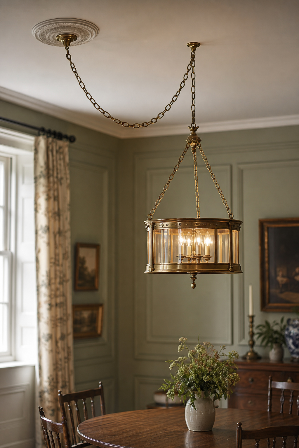 Brass chandelier elegantly swag-hung to centre over a round dining table, with the decorative chain looping from an off-centre ceiling rose