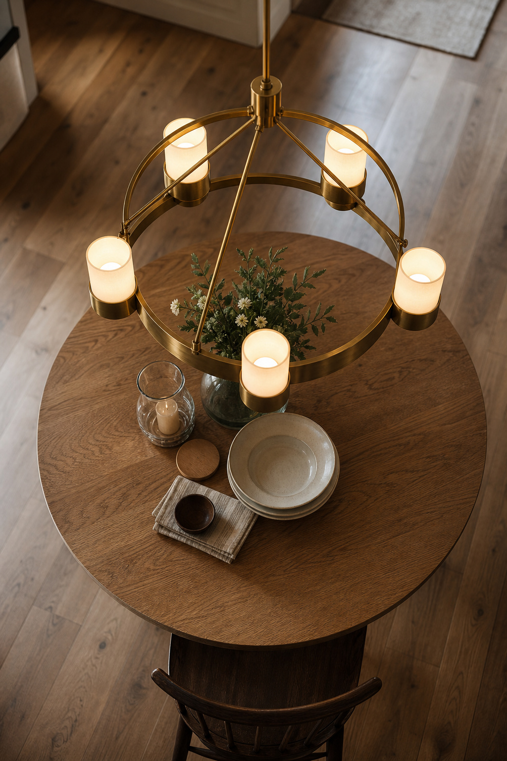 Overhead view of a brass round chandelier above a round oak table showing the 1/2-to-2/3 proportion rule — chandelier clearly smaller than the table diameter