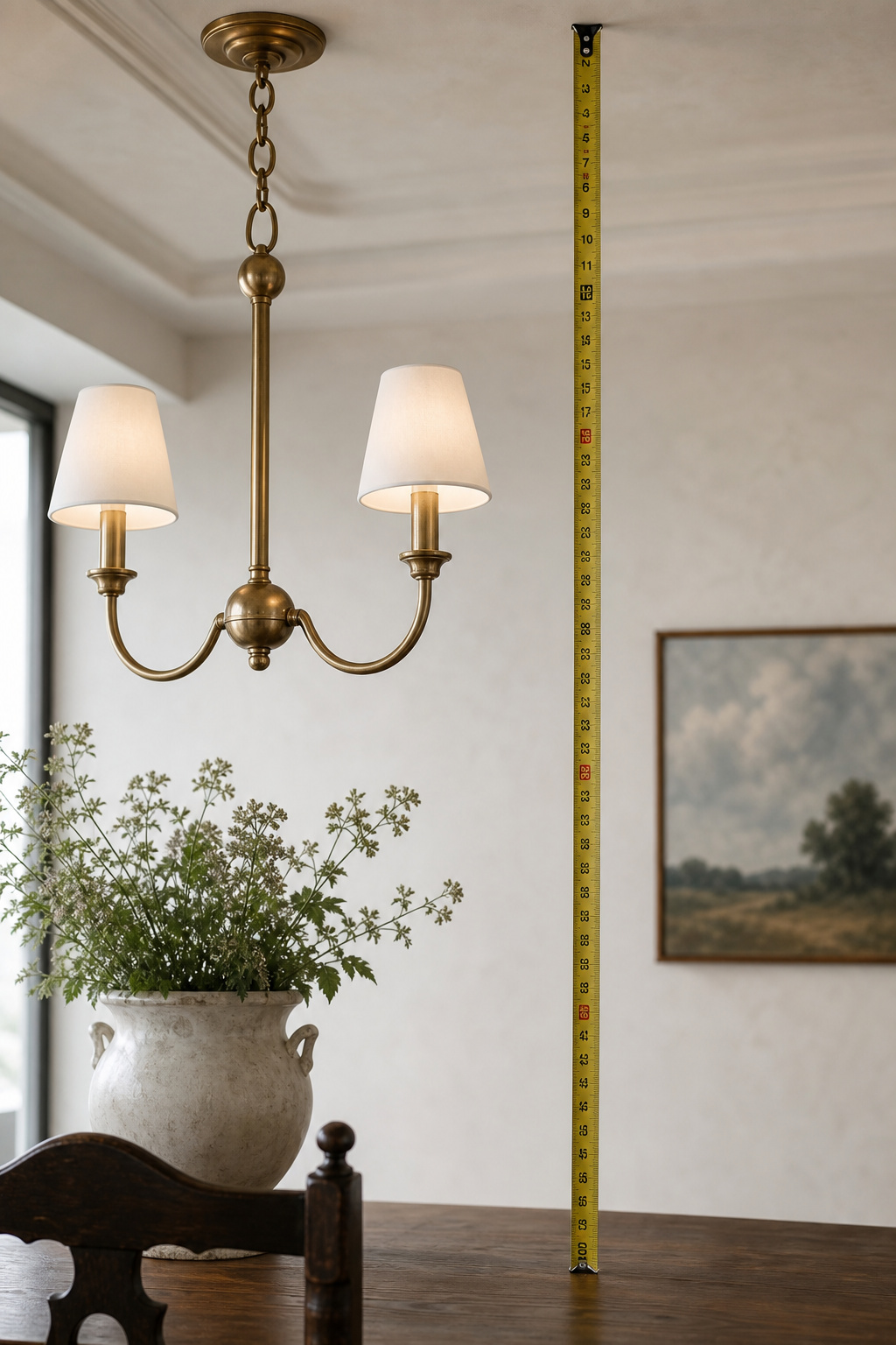Side view of dining room showing tape measure from ceiling to table beside a brass chandelier illustrating the 30-36 inch hang-height rule
