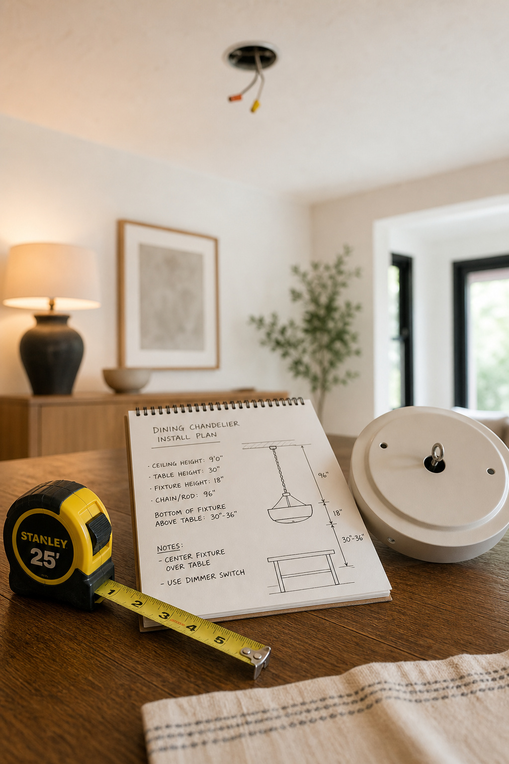 Tape measure and annotated notepad showing five pre-install chandelier measurements laid out on a dining table ahead of installation