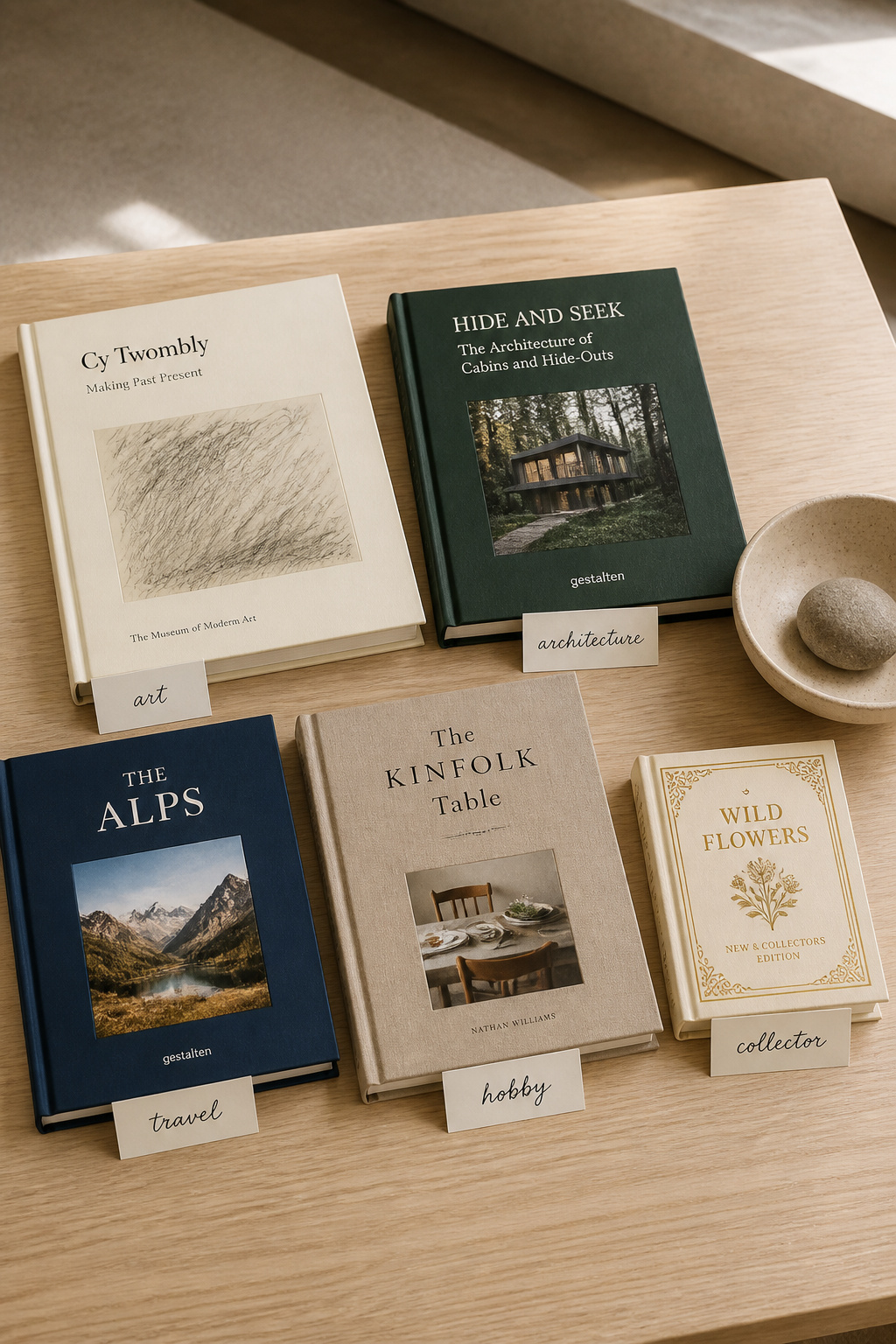 Five coffee table books spread across an oak table showing different subject categories — art, architecture, travel, hobby, and a collector's edition — illustrating how to select books across categories for a coffee table display
