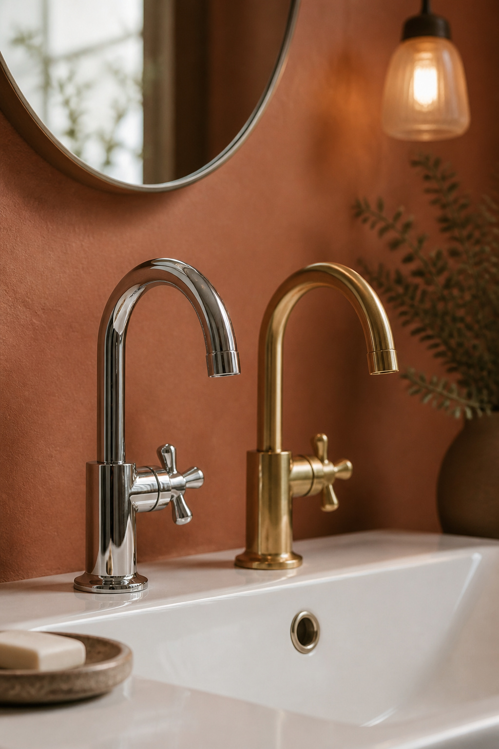 Side-by-side comparison of polished chrome and unlacquered brass taps above a white ceramic basin, showing the tonal warmth difference between the two finishes
