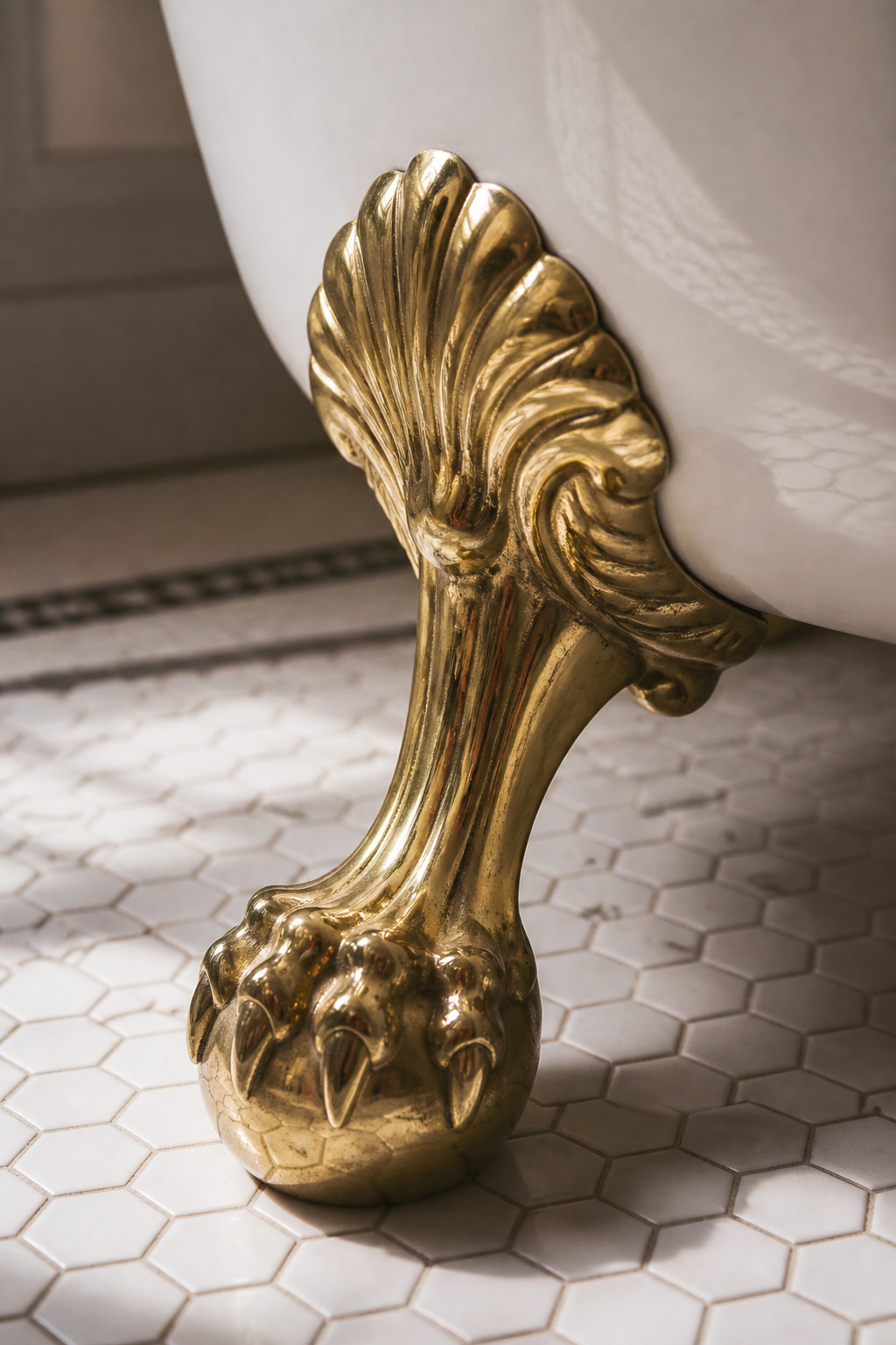 Polished brass claw-and-ball foot detail beneath a white cast iron bathtub on hexagonal floor tile