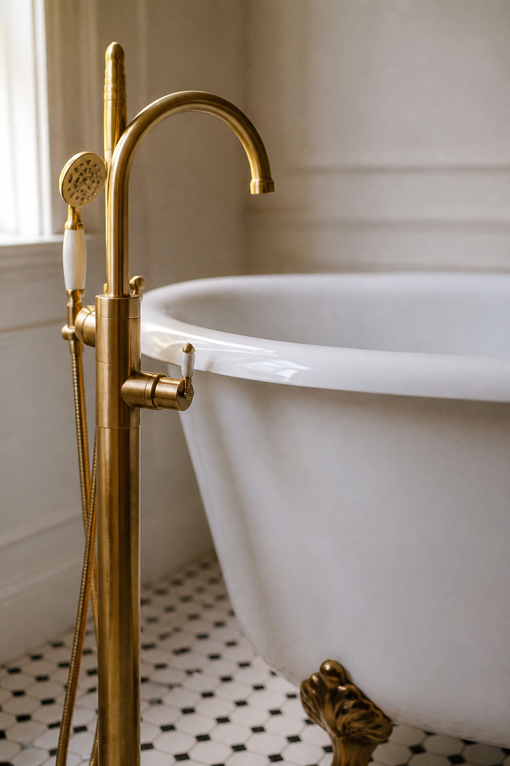 Brushed-brass freestanding faucet rising beside a white cast-iron clawfoot bathtub on a black-and-white hex tile floor